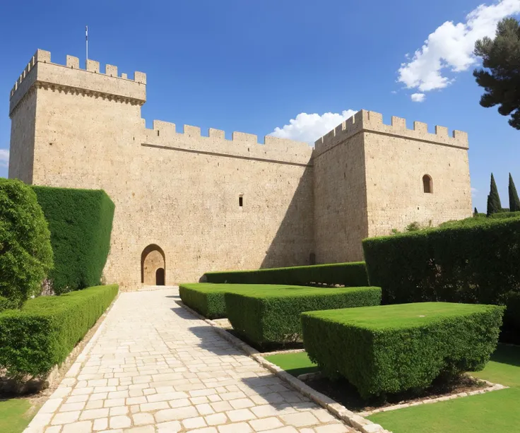 The Palace of the Grand Masters: Create a scene featuring the medieval Palace of the Grand Masters in Rhodes, Greece, highlighting its imposing walls, defensive towers, and historical significance.