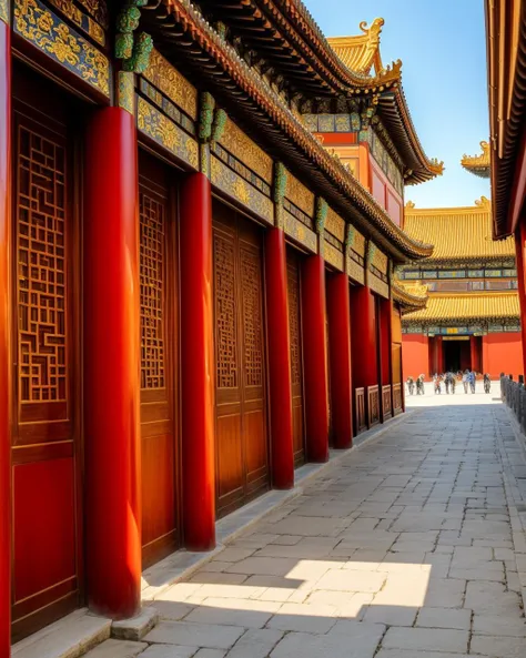 The Forbidden City: Create a vivid depiction of the magnificent Forbidden City in Beijing, China, showcasing its intricate architecture, ornate gates, and sprawling courtyards.