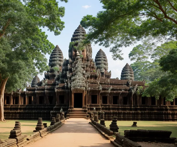 The Angkor Wat: Create a breathtaking scene featuring the intricate and massive temple complex of Angkor Wat in Cambodia, highlighting its majestic towers and intricate bas-reliefs.
