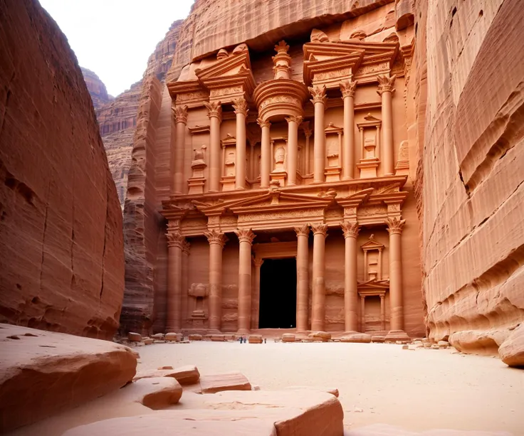 The Petra Treasury: Render the awe-inspiring Treasury building in the ancient city of Petra, Jordan, highlighting its intricate rock-cut facade and intricate carvings.