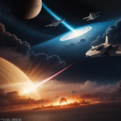 ((Best quality)), ((masterpiece)) - A thrilling sci-fi battle scene in space, with starships engaged in a fierce conflict against a backdrop of swirling cosmic clouds and distant planets.