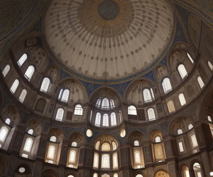 The Hagia Sophia: Craft a vivid portrayal of the iconic Hagia Sophia in Istanbul, Turkey, showcasing its massive dome, intricate mosaics, and blending of Byzantine and Ottoman architecture.