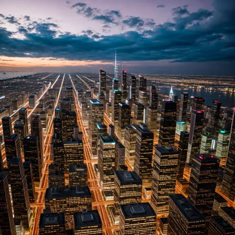 ((Best quality)), ((masterpiece)) - A stunning aerial view of a vibrant cityscape at twilight, with skyscrapers illuminated by a tapestry of shimmering lights, showcasing the urban beauty and energy of a metropolis.