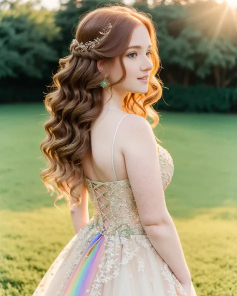 a portrait of a beautiful (busty:1.1) ginger Princess, from behind, she has long wavy hair, (light freckles, beauty spots:1.2), she is wearing a beautiful multiple stitched layers green ballgown with rainbow accent, encrusted with jewels, intricate pattern, detailed, see-through, hair accessory background of a castle, sunset, sun-kissed, sunflare, <lora:xEpi:1.4>