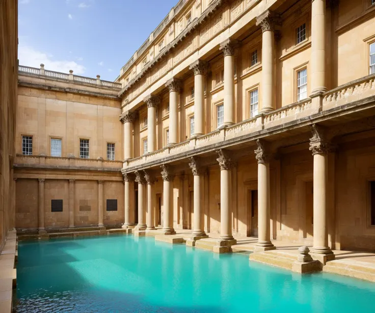 The Roman Baths: Depict the Roman Baths in Bath, England, showcasing the grand architecture, ornate columns, and thermal pools that once served as a social hub.