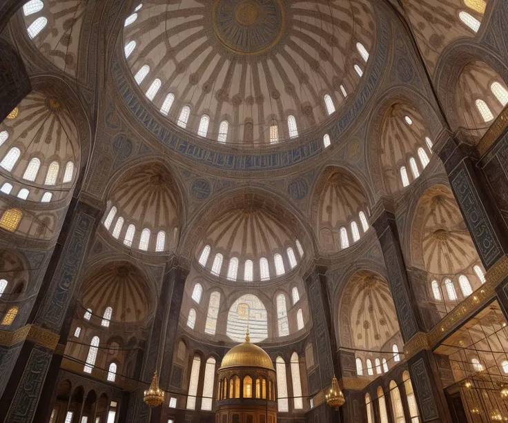 The Hagia Sophia: Craft a vivid portrayal of the iconic Hagia Sophia in Istanbul, Turkey, showcasing its massive dome, intricate mosaics, and blending of Byzantine and Ottoman architecture.