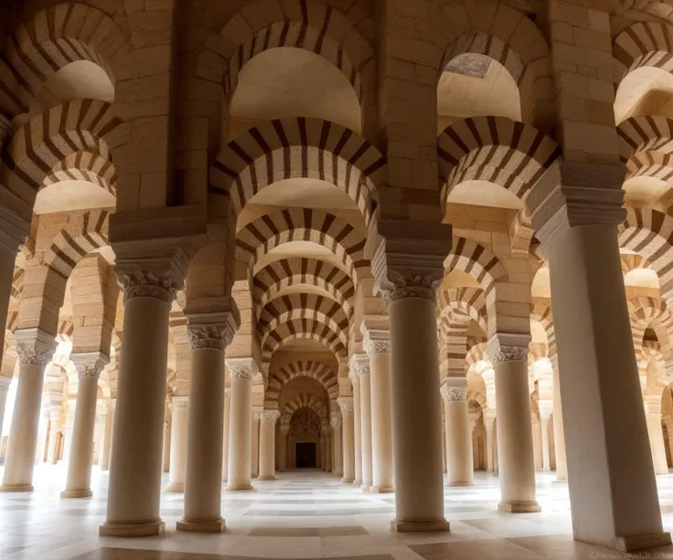 The Great Mosque of Cordoba: Depict the architectural marvel of the Great Mosque of Cordoba in Spain, showcasing its stunning horseshoe arches, intricate mosaics, and serene courtyard.