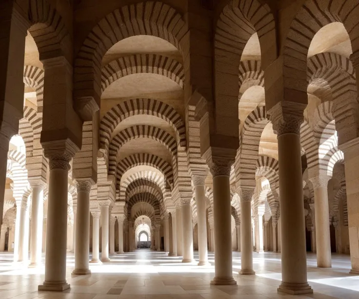 The Great Mosque of Cordoba: Depict the architectural marvel of the Great Mosque of Cordoba in Spain, showcasing its stunning horseshoe arches, intricate mosaics, and serene courtyard.