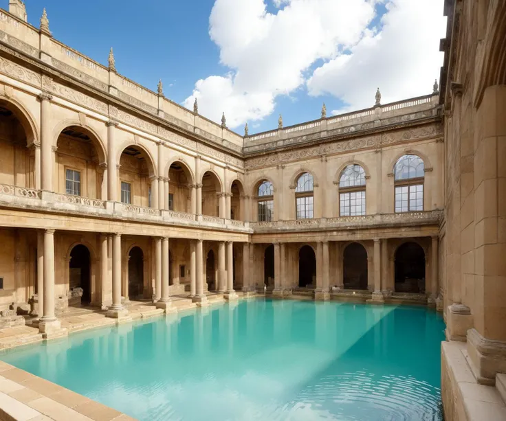 The Roman Baths: Depict the Roman Baths in Bath, England, showcasing the grand architecture, ornate columns, and thermal pools that once served as a social hub.