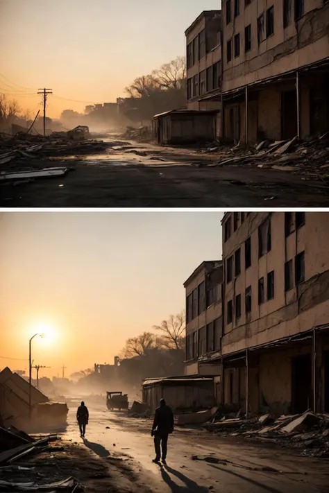((best quality)), ((masterpiece)), ((inked)), majestic intricately detailed soft by jim lee, (landscape shote of a post apocalyptic ruined rainy city:1.2),dusty crumbling rubble, desolate, scorching sun, sun set, somber, (backlit:1.3), highres, depth of field, (deep shadows:1.2), high detail, sharp focus, smooth, roughness, real life, backlit, photorealism, photography, cinematic Film still from the void|the walking dead