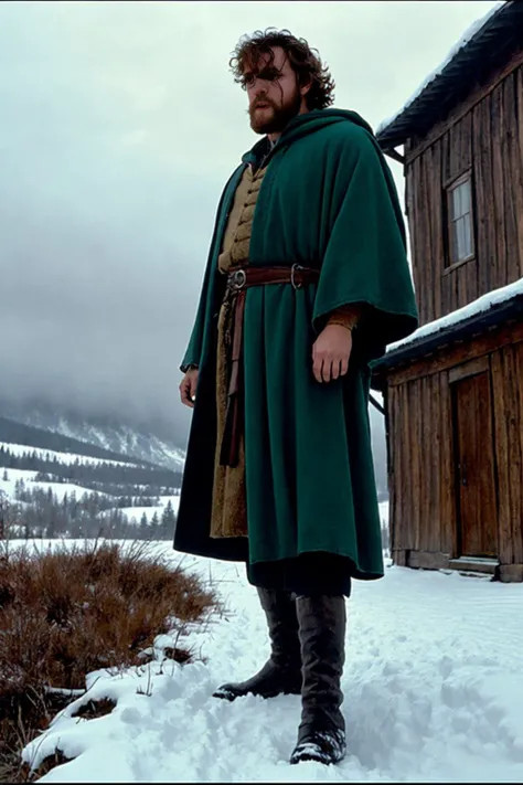 ((best quality)), ((masterpiece)), ((inked)), darkly moody professional intricate soft  , by jim lee, old wizard standing on a path in a snow storm, billowing embroidered robes, long beard, staff, vast snowy mountain range, blizzard, sprawling medieval city in the distance, depth of field, film grain, smooth, roughness, real life,backlit, hard edge lighting, cinematic Film still from the lord of the rings|krull|cannibal holocaust