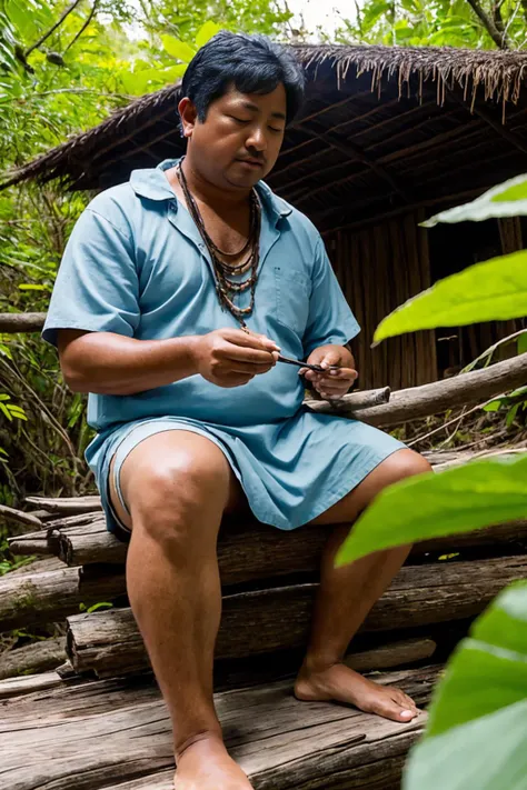 ((best quality)), ((masterpiece)), ((ultra realistic)),a male shaman performing a ritual in a rain-forest hut, 1man sitting in meditation, ((colorful magical energy flowing through the air)), rickety wooden building, wearing intricately detailed primitive tribal garb, bone jewelry, by a vast water fall in the dense jungle, ((wildlife everywhere)), god rays, diffuse lighting, masterpiece, realistic, roughness, ultra realistic, masterpiece, realistic, roughness, ultra realistic, photographed on a Canon EOS R5, 50mm lens, muted colors, F/2.8, HDR, 8k resolution, highres, high detail, sharp focus, smooth, roughness, real life, photorealism, photography, 8k uhd,