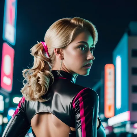 Up close portrait of Princess Peach wearing a pink leather bodysuit, sexy, from behind, blonde hair in ponytail, night time rain, cyberpunk city, bright blue eyes, detailed crown, ((best quality)), intricate detailing, radiant, ethereal glow, luminous, Cinematic, Filmic, medium shot, 4k, Front-light, Cinematic Lighting,<lora:Elixir:1> <lyco:locon_perfecteyes_v1_from_v1_64_32:1.0>