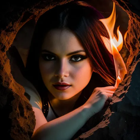 (masterpiece), (unrivalled quality:1.4), ultra-high resolution, [:velvet textures:0.2], hyperrealistic, dark fantasy portrait, 1 woman, adult (succubus:0.7) with a sly smirk, hypnotic ruby red eyes, raven-black hair cascading in waves, solo, detailed face, (cavernous underworld theme:1.1) (demonic wings:1.05), personified forbidden temptation, allure, power, darkness, succubus mythology symbolism, firelight, glow, rich purples and reds, symmetry, obsidian, foreboding cavern background, otherworldly infernal atmosphere <lora:Elixir:1> <lyco:locon_perfecteyes_v1_from_v1_64_32:1.0>