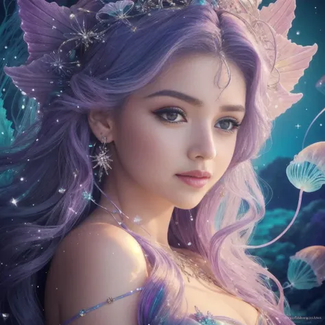 Portrait art of an Jellyfish Goddess Mermaid looking at viewer, beautiful gown of iridescent jellyfish, twinkling glowing gown in the style-nebmagic, (up close,:1.2) from the side, purple eyes, beautiful aquatic beach background, 8k, absurdres, beautiful lighting, masterpiece, award winning, beautiful unique face Lebanese|Norwegian <lora:Elixir:1>