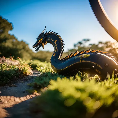 up close image of an ancient clockwork dragon, brass and steel, nestled within an overgrown forest, vibrant green foliage, rusted gears, moss-covered, ((masterpiece)), ((best quality)), intricate mechanical detailing, (steampunk:1.2), (nature reclaiming:1.3), (fantasy:1.1), ethereal morning light, luminous, Cinematic, Filmic, wide shot, 4k, Back-light, Cinematic Lighting, volumetric Light, Ray Tracing Reflections, Chromatic Aberration, hyper-realistic, 4k, 8k,<lora:Elixir:1><lora:locon_perfecteyes_v1_from_v1_64_32:0.85>