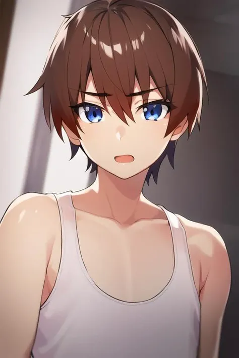 masterpiece, best quality, high quality, 1boy, solo, male focus, looking at viewer, upper body, <lora:keiichi_maebara:0.70>, keiichi_maebara, brown hair, blue eyes, hair between eyes, , tank top