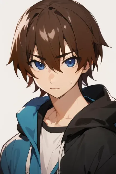 masterpiece, best quality, high quality, 1boy, solo, male focus, looking at viewer, upper body, <lora:keiichi_maebara:0.74>, keiichi_maebara, brown hair, blue eyes, hair between eyes, , hoodie