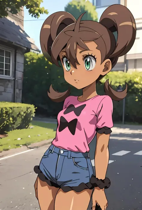 (masterpiece, best quality), 1girl, <lora:PKMN_Shauna_v1:0.8> pkmnshauna, 1girl, solo, green eyes, long hair, brown hair, bangs, hair between eyes, twintails, quad tails, hair rings, dark skin, dark-skinned female,, pink shirt, bow, short sleeves, short shorts, blue shorts, denim shorts, frilled shorts, wrist scrunchie,