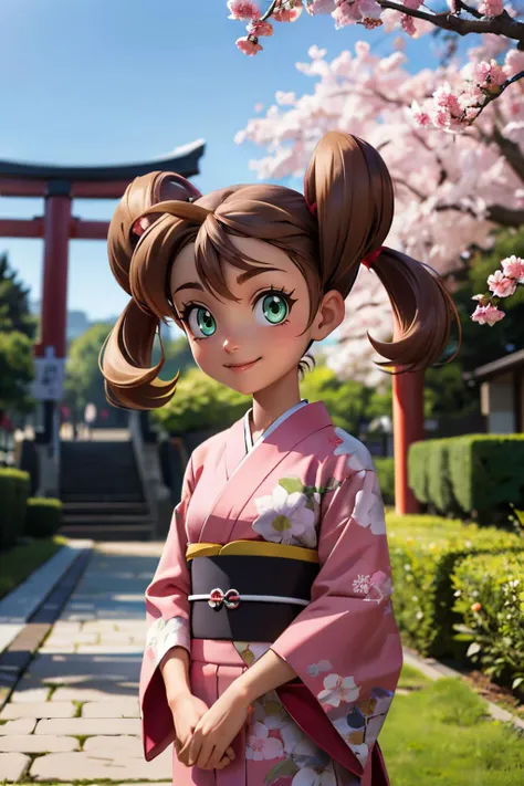 pkmnshauna, dark skin, green eyes, long brown hair, twintails, quad tails, hair rings,traditional kimono, sash, long sleeves, looking at viewer, serious, smiling, standing, outside, cherry blossom, red torii, garden, dusk, high quality, masterpiece, <lora:PKMN_Shauna_v1:.9>