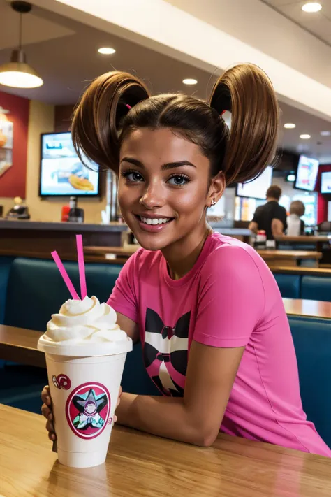 pkmnshauna, dark skin, green eyes, long brown hair, twintails, quad tails, hair rings, pink shirt, bow, short sleeves, wrist scrunchie, looking at viewer, smiling, sitting, behind a table, inside fast food restaurant, holding large frosted milkshake, high quality, masterpiece, <lora:PKMN_Shauna_v1:.9>