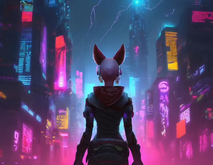 cyberpunk, concept art, cyborg Female, background is night city, neon-lit, Bald fade hairstyle, Fox Ears, Thunderstorm, anaglyph effect, futuristic, neon hue, shadowrun