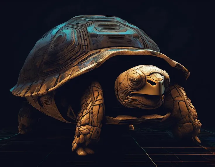 sci-fi, digital art, robotic Tortoise, in cybernetics with smooth trimmings, soft focus, Dark hue, Liminal dream, artistic, gritty