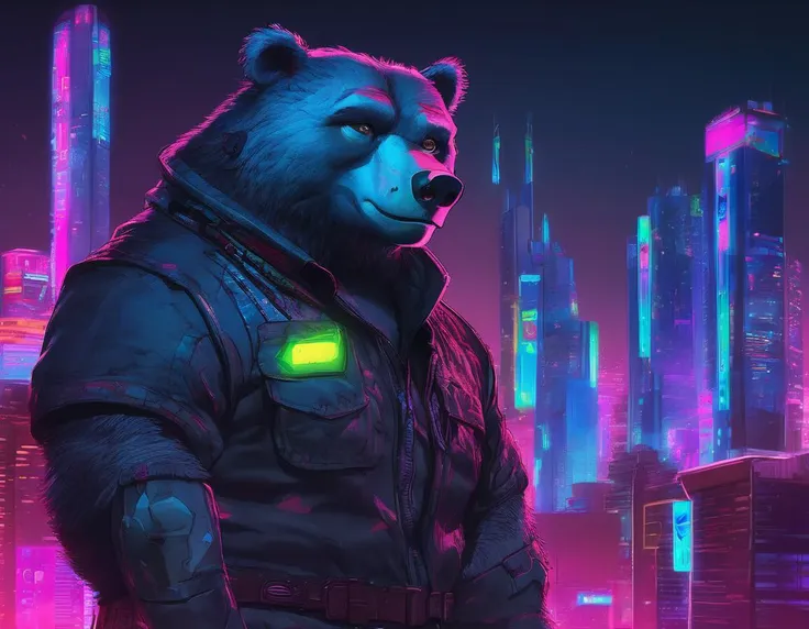 cyberpunk, concept art, cyborg Baloo from The Jungle Book, background is night city, neon-lit, Sharp and in focus, Altermodern, Provia, art by Robert Campin, Robby Cavanaugh, synthwave, D&D, close-up, neon hue, shadowrun