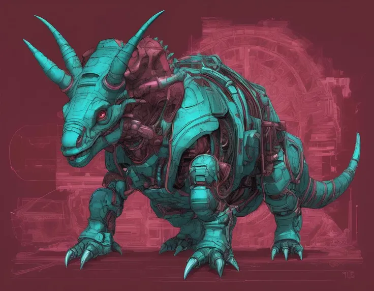sci-fi, digital art, robotic Triceratops, the Triceratops is dressed in a cybernetics that was designed by Konami, It is Maroon and Turquoise, stylized by Masamune Shirow, Gloompunk, Ambrotype, absurdres, science fiction, cyber