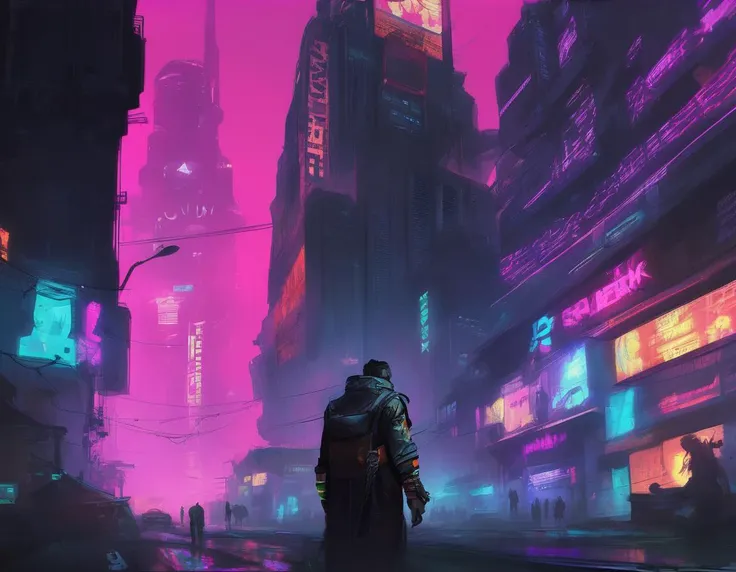 cyberpunk, (designed by Ron Garney:0.8) , concept art, cyborg Fortuna, background is night city, neon-lit, charming Fangs, Horror, futuristic, science fiction, neon hue, shadowrun