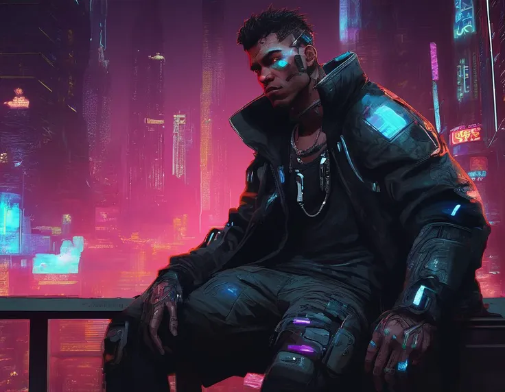 cyberpunk, concept art, cyborg Guy, background is night city, neon-lit, Dark, high tech, futuristic, neon hue, shadowrun