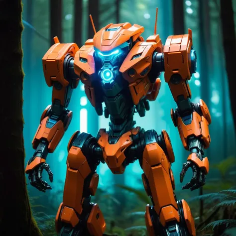 (Photorealistic IMAX STYLE MECHA:[Octapus])Medium shot,  moody lighting, best quality, full body portrait, real picture, intricate details, depth of field, in a forest, fujifilm xt3, vibrant glowing neon peach drink, in the style of a product hero shot in motion, dynamic