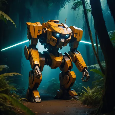 blade runner (Photorealistic IMAX STYLE MECHA:2) [Tiger] Stalking shot, twilight jungle lighting, ultimate resolution, crouching position, strikingly vivid simulation, detailed fur texture, naturalistic depth of field, hidden in dense foliage, Leica SL2-S simulation, with a pulsating amber energy gaze, embodying the silent power of the predator.