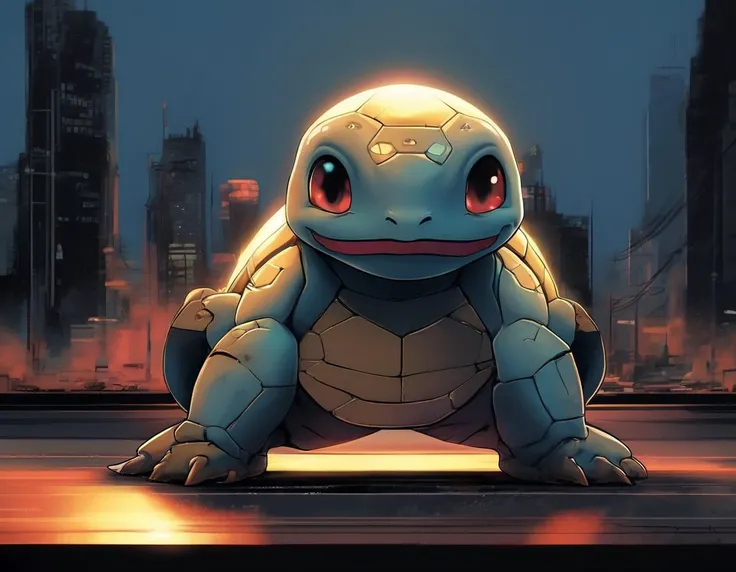 sci-fi, digital art, robotic Squirtle, it is dressed in a Decorative cybernetics that was designed by Playstation, It is Dirty, at Sunset, Sharp and in focus, art by Naoki Urasawa, Andy Fairhurst, Dark, Cold Lighting