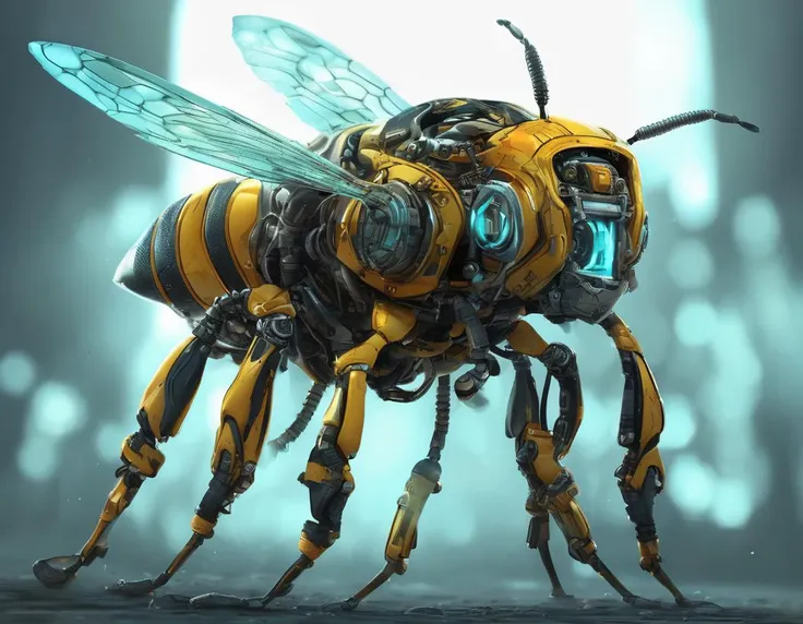 sci-fi, digital art, robotic Bee, wearing Arcane cybernetics, lots of details, illustration