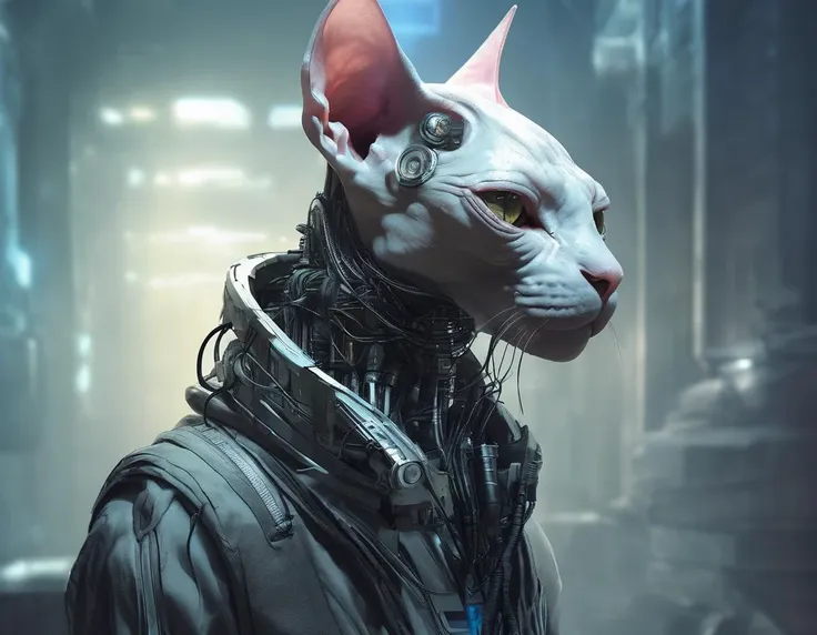 sci-fi, digital art, robotic Sphynx Cat, dressed in good-looking appealing cybernetics, Foggy conditions, dramatic lighting, science fiction, drawing, cyber