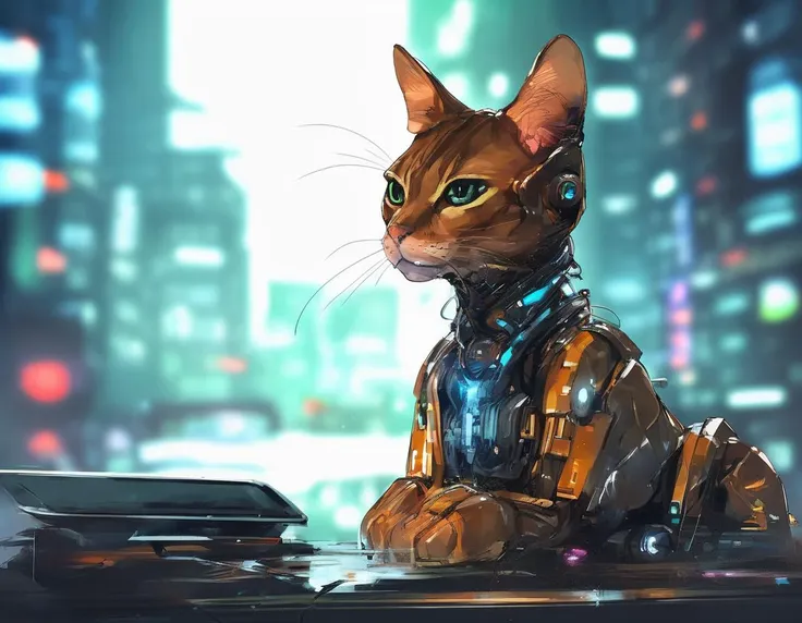 sci-fi, digital art, robotic Abyssinian Cat, wearing cybernetics, Bokeh, Still Life, by Benedick Bana, Kunio Okawara