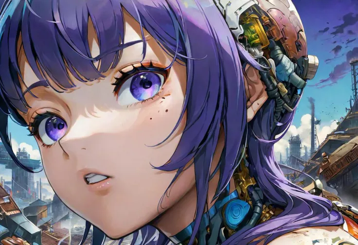 Super Closeup Portrait, art by escher, Busty earth Chan, Beneath a purple Steel Sky, colorful, modern society, blue in the very far, futuristic Slums into the Sky, rotten Bots and electric garbage (dramatic, gritty, intense:1.4),masterpiece, best quality, 32k uhd, insane details, intricate details, hyperdetailed, hyper quality, high detail, ultra detailed, Masterpiece, photography, high Contrast