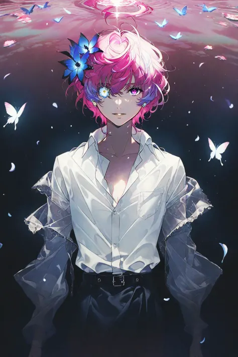best quality,aesthetic,detailed,by yoneyama mai,(colorful:1.3),1boy,solo,full_shot,looking at viewer,multicolored eyes,pink eyes,one eye covered,flower over eye,eyelashes,short hair,pink hair,purple hair,floating hair,multicolored hair,hair flower,hair ornament,bangs,white skin,white shirt,shirt,perspective clothe,flower,butterfly,blue butterfly,blue flower,purple flower,petals,glowing,highres,<lora:add-detail-xl:1>,<lora:d4rk01lXLP:1>,<lora:Detailed_Anime_Style_Backgrounds_for_PonyXL:1>,