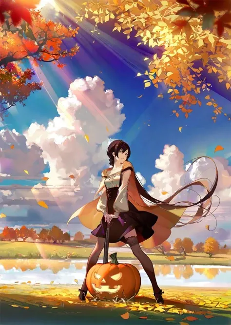 ( by ask, best quality, )
masterpiece, detailed, aesthetic,
an iconic autumn scene where a girl is surrounded by a bountiful harvest of pumpkins in a rustic countryside setting. The golden afternoon sun bathes the scene in a warm glow as the girl, dressed in cozy fall attire, enthusiastically chooses the perfect pumpkin for carving. The vibrant orange pumpkins contrast beautifully with the rich, earthy tones of the countryside, creating a quintessential autumn atmosphere.