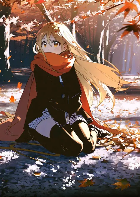 by rella
 1girl, contemporary, feminism,   mixed-media  
 best quality, masterpiece, detailed, aesthetic,
a memorable autumn tableau with a girl wandering through a sun-dappled forest. The trees are a riot of warm hues - red, gold, and orange leaves blanket the ground. The girl, wrapped in a cozy scarf and sweater, collects fallen leaves and holds them in her hand, her eyes reflecting the tranquility of the season