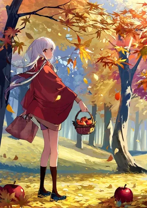 anime flat color
best quality, masterpiece, detailed, aesthetic,
autumn scene where a young girl stands in a picturesque forest. The trees are ablaze with vibrant shades of red, orange, and gold, their leaves falling gently to the ground. The girl, bundled up in cozy fall attire, holds a basket filled with apples, and a warm smile graces her face as she takes in the breathtaking beauty of the season