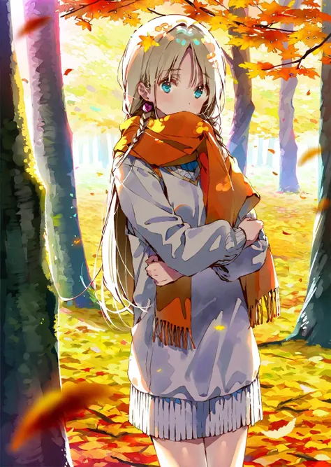 ( by dsmile9, best quality, )
masterpiece, detailed, aesthetic,
a memorable autumn tableau with a girl wandering through a sun-dappled forest. The trees are a riot of warm hues - red, gold, and orange leaves blanket the ground. The girl, wrapped in a cozy scarf and sweater, collects fallen leaves and holds them in her hand, her eyes reflecting the tranquility of the season