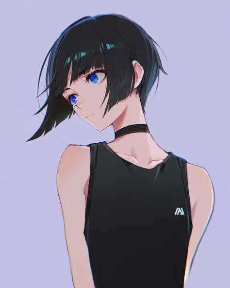 (masterpiece, best quality, absurdres:1.2), a woman with short hair with bangs, by Ilya Kuvshinov, leaning into frame, black tanktop, upper body