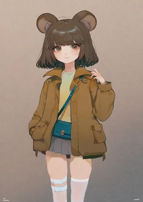 by sannso, masterpiece,best quality,official art,extremely detailed CG unity 8k wallpaper,brown hair, brown eyes, hair_bun,short hair,{bulldog ears},floppy ears,brown theme coat,{{{{grey low skirt}}}},{{{red first aid kit shoulder bag}}},full body,{{white thighhighs}},{{brown white canvas shoes}},{{{brown tail}}}, {{{{{white tip of tail}}}}},{{{grey theme lace miniskirt}}},