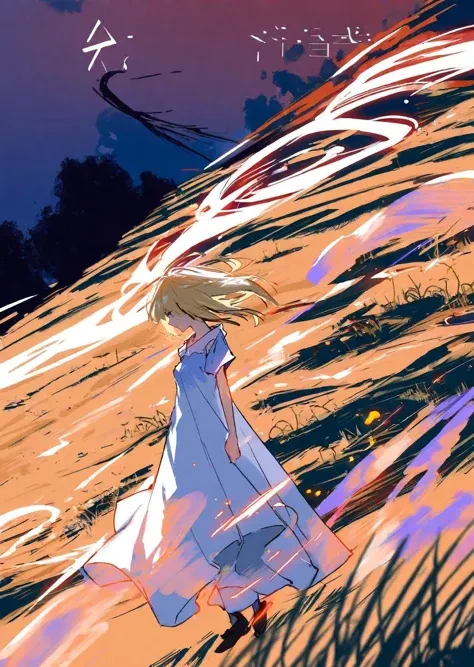 by Ilya Kuvshinov
1girl  
bobcut
shadows
rim light
dress
grassland
motion lines,
digital, dream-like, ethereal, fantasy, manga-anime, romanticism, surreal, vibrant
best quality, masterpiece,