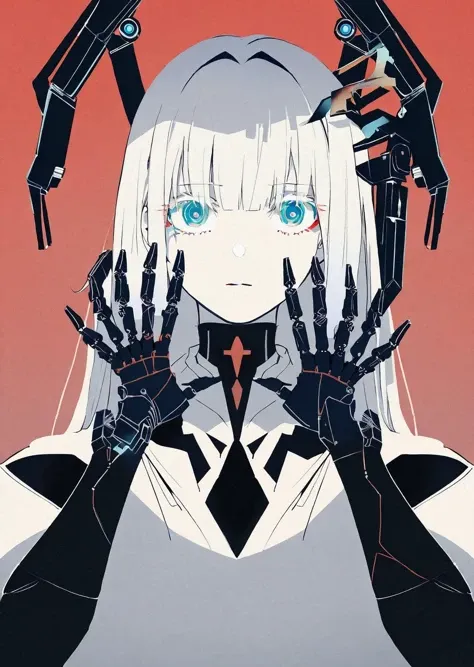 1 female hands on face , elegant, minimalism, negative space mechanical arms shadow gradient color anime flat color
detailed face
best quality, masterpiece,