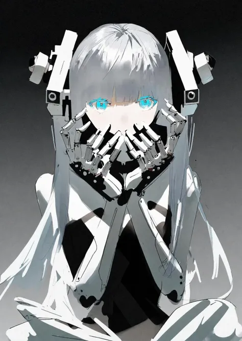 masterpiece, best quality, 1 girl, solo, white hair, long straight hair, (((nude))), (flat chest), (((black machine helmet))), ((heart shaped pupils)), ((machinery restraint)), (((ahegao))), embarrassed smile, open mouth, collar, dark machinery room, ((((excessive ???))))