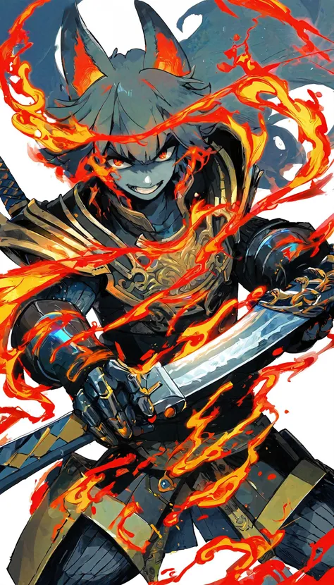 by sannso, a Japanese style dark wolf demon samurai with great sword,  color scheme: blue and black,  expression: mysterious and haunting,  size and shape of great sword: massive and double-edged,  type of armor: bone and leather,  environment: fiery and chaotic,  camera specs/model name: high-resolution DSLR,  composition: centered with the dark wolf demon warrior in focus,  perspective: slightly low angle to emphasize the warrior's power,  lighting: dramatic,  with a spotlight illuminating the warrior's face and sword,  depth of field: shallow,  with the warrior in sharp focus and the fiery background slightly blurred,  shutter speed: fast to capture the warrior's dynamic movement,  photo quality: crisp and detailed,  capturing the intricate details of the warrior's armor and the flames in the background
<lora:SimplePositive_XL_v1_AutoRunMech:1>