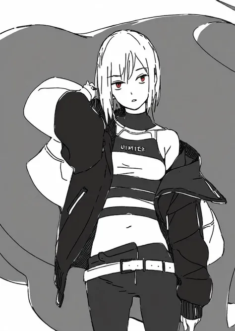 by ukiatsuya,  monochrome, simple background, best quality, masterpiece, hyper detailed, 1girl, solo, red eyes, monochrome, navel, looking at viewer, short hair, spot color, greyscale, white background, parted lips, simple background, breasts, midriff, bare shoulders, jacket, off shoulder